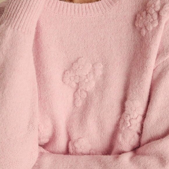 Pink Romantic Women's Pastel 3D Flowers Embroidered Long Sleeve Cute Sweater - Picture 8 of 8